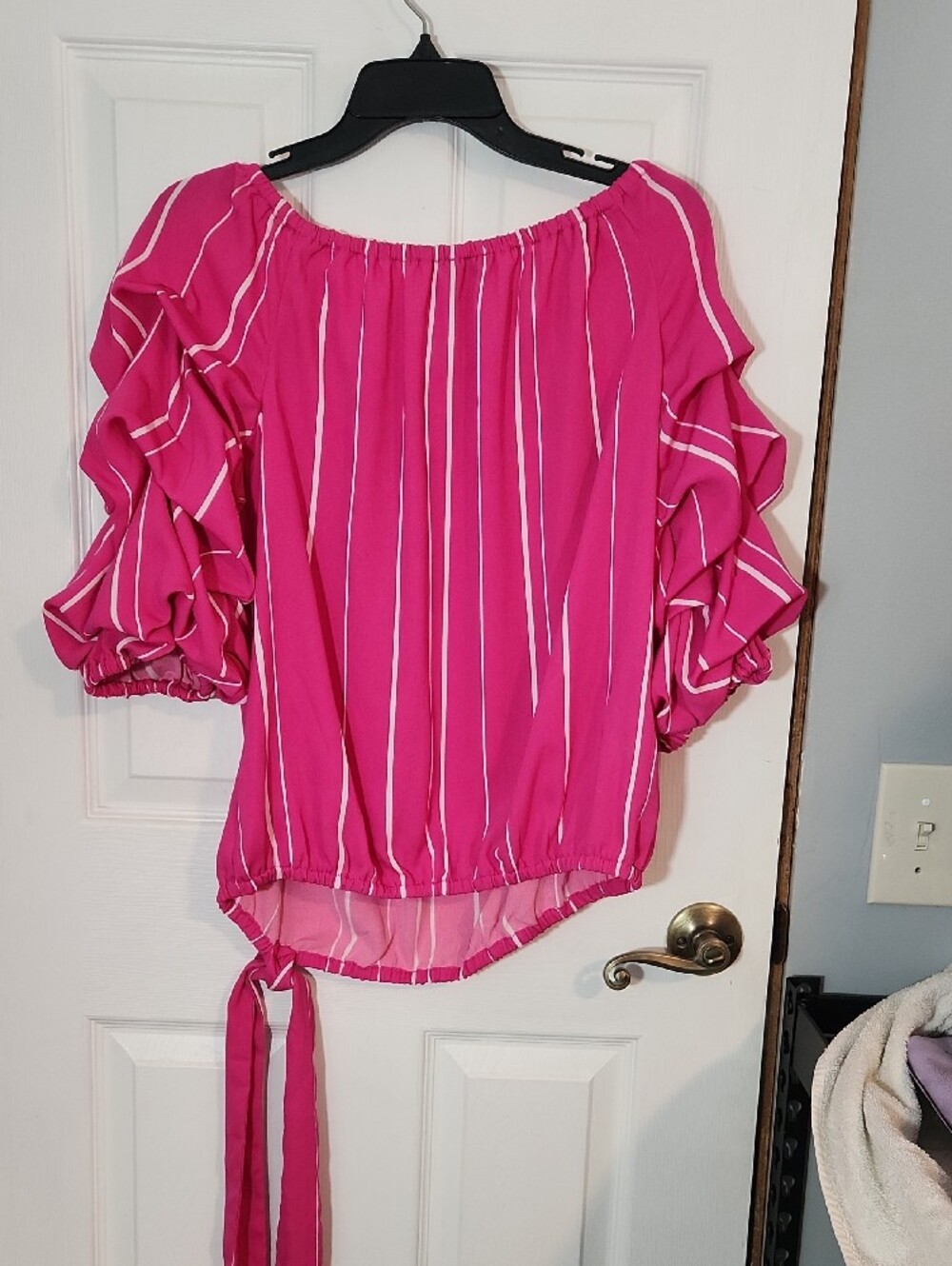 Vince Camuto Fuchsia Striped Ruffle Sleeve Tie-Hem Blouse - Picture 2 of 3